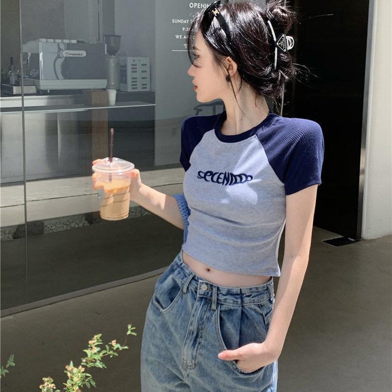 

Женская футболка весна-лето с короткими рукавами и короткими рукавами, облегающая блузка с круглым вырезом, облегающий короткий топ S-XXL S синий