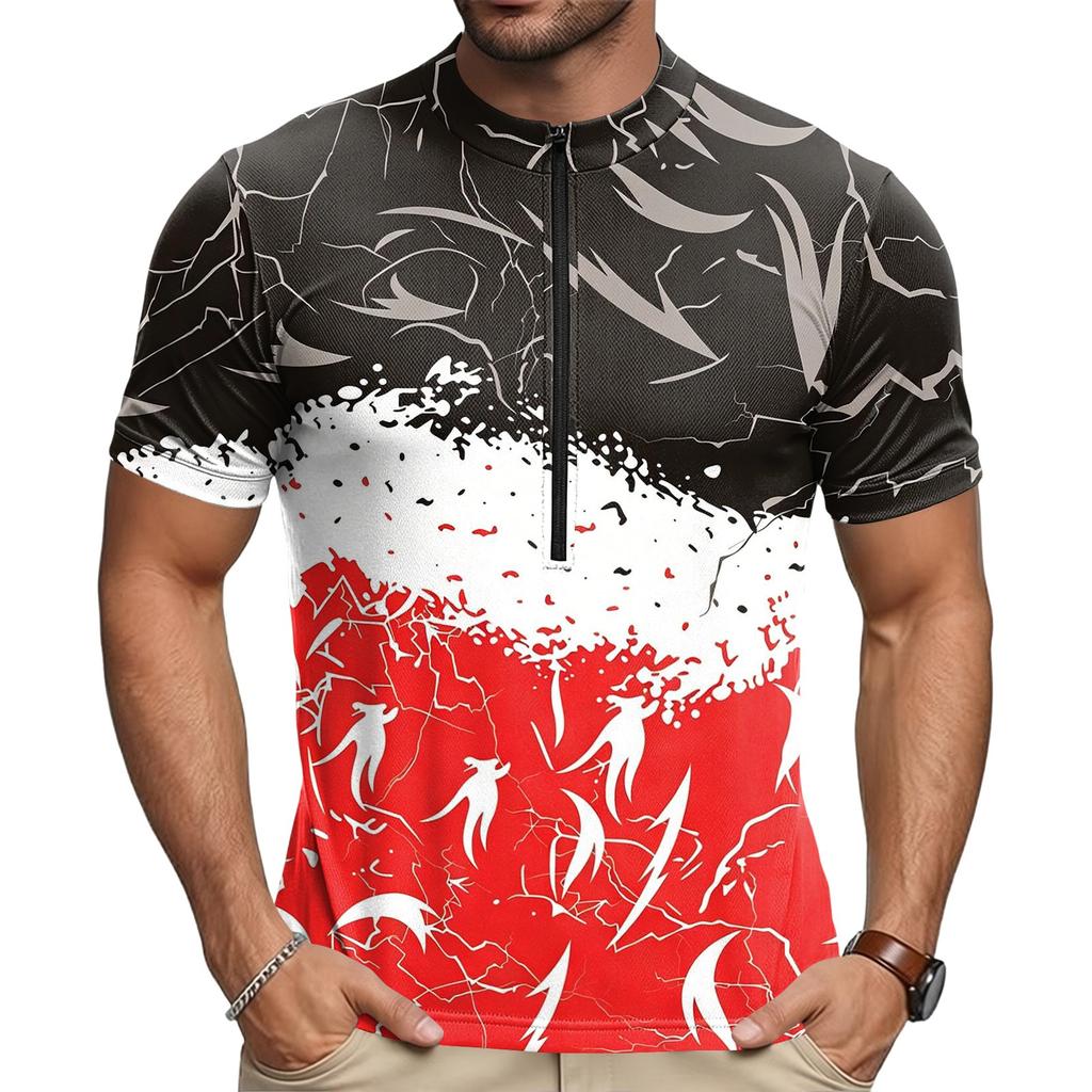 Men's Round Neck Printed Short Sleeve Cycling Jersey Breathable Quick Dry Zipper Front Lightweight Sportswear for Outdoor Riding