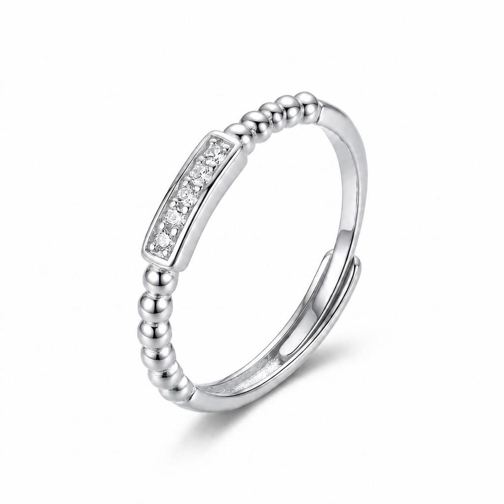 Elegant S925 Sterling Silver Minimalist Adjustable Ring with Diamonds and Round Beads - Women's Light Luxury Accessory.