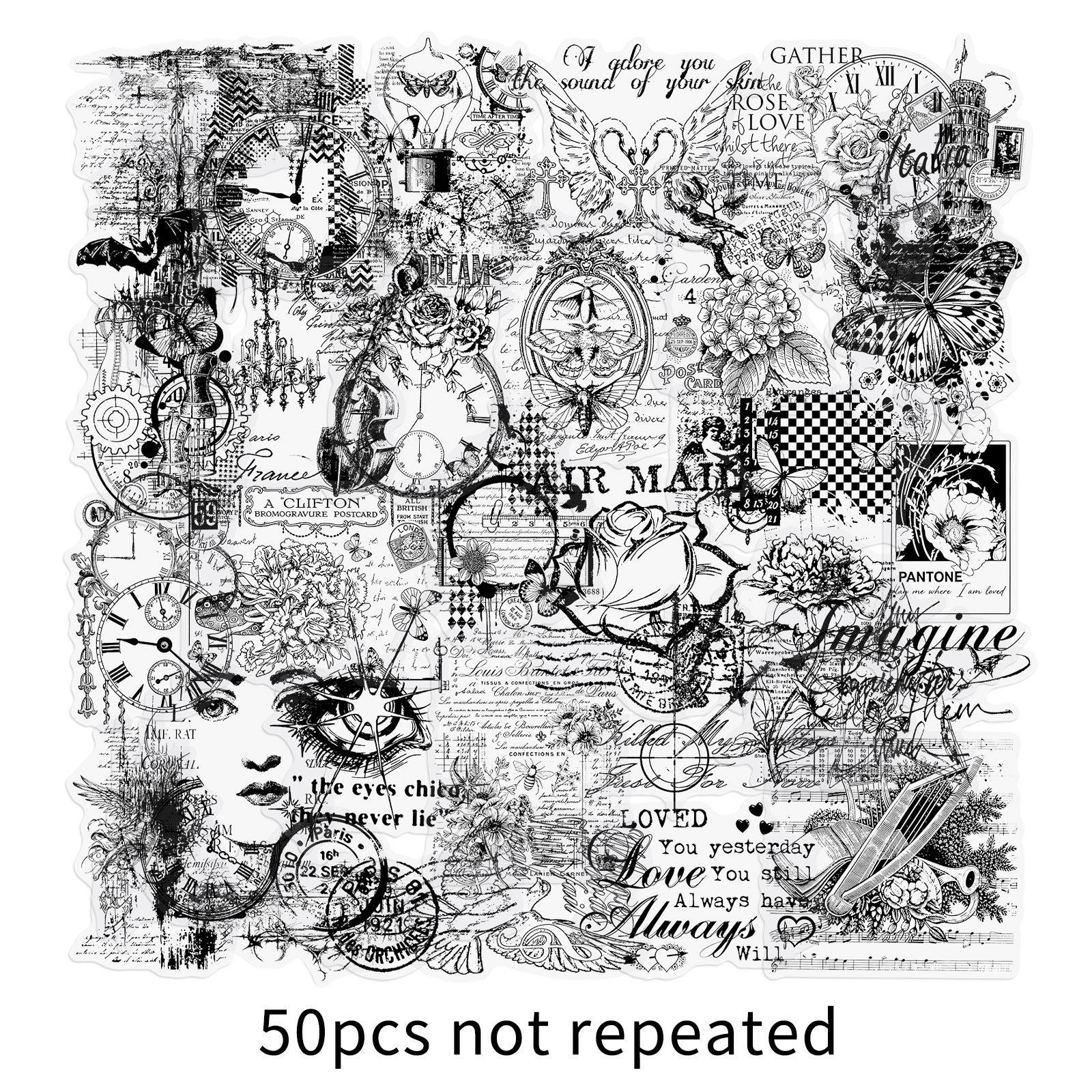 50 прозрачных ретро-стикеров для рисования, водостойкие ПЭТ с черно-белыми линиями для креативного украшения и журналов gray
