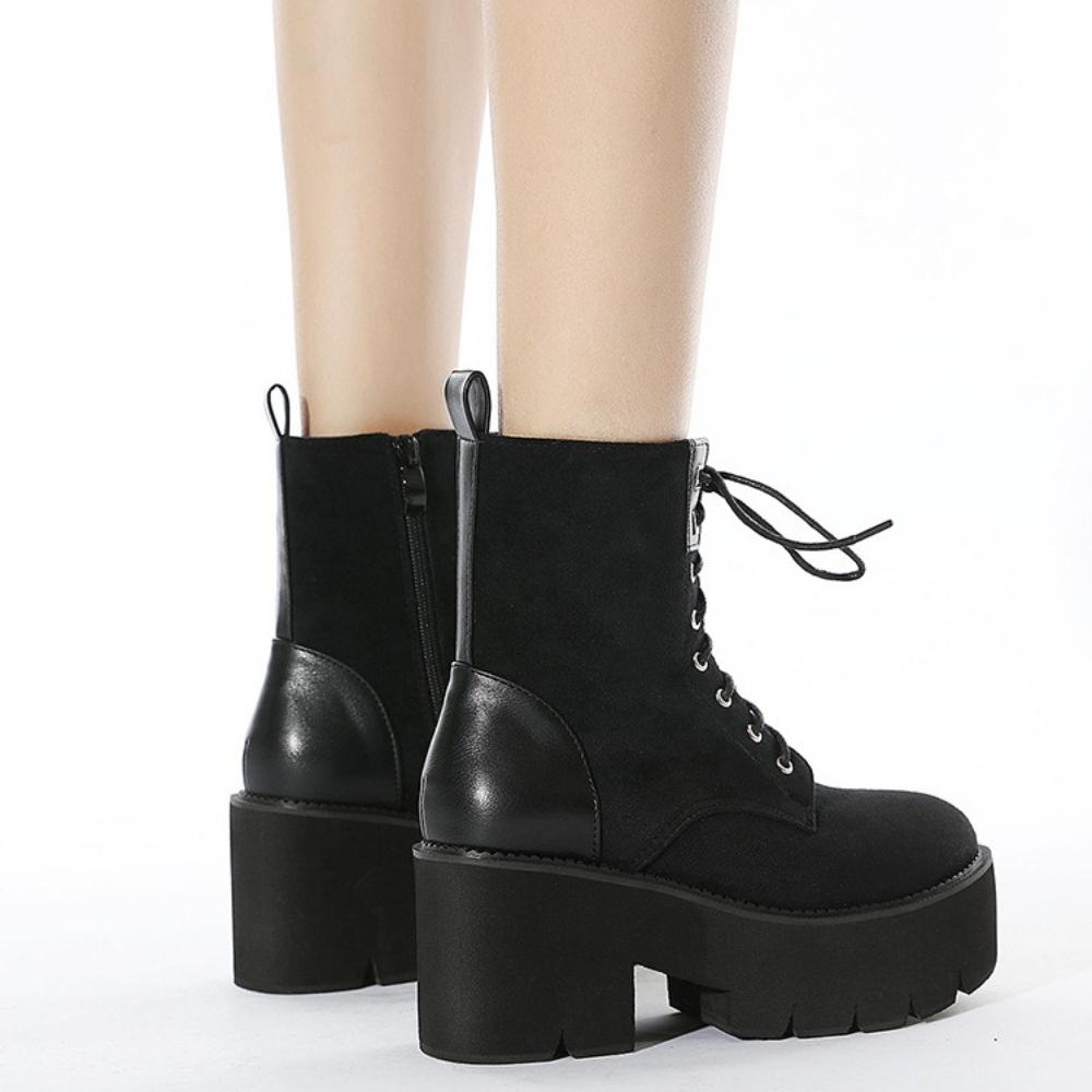 European Women Lace Up Martin Boots Suede Plain Ankle Boots British Korean Style Thick Platform Side Zipper Boots