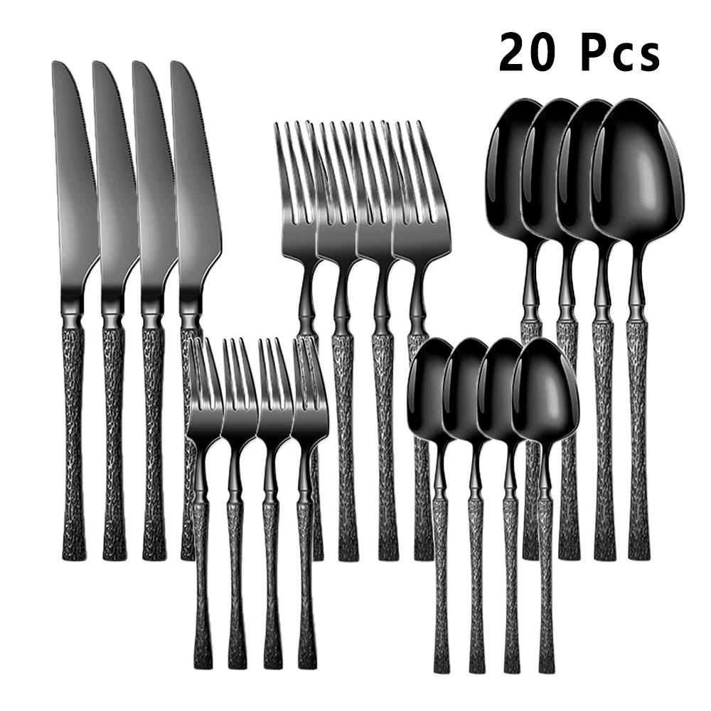 20/30pcs Dinnerware Set Stainless Steel Tableware Hammer Pattern Handle Knife Fork Coffee Spoon Flatware Dishwasher Safe Cutlery