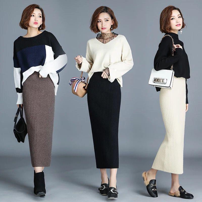 2021 Women's High-Waist Knitted Wool Skirt: Autumn/Winter, Thick, Long, Slim Fit, with Slit