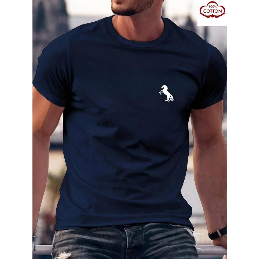 T-shirt Top Short Sleeved 100% Cotton "horse" Print, Summer All Season Men's Comfortable High-quality Casual Sports Luxury