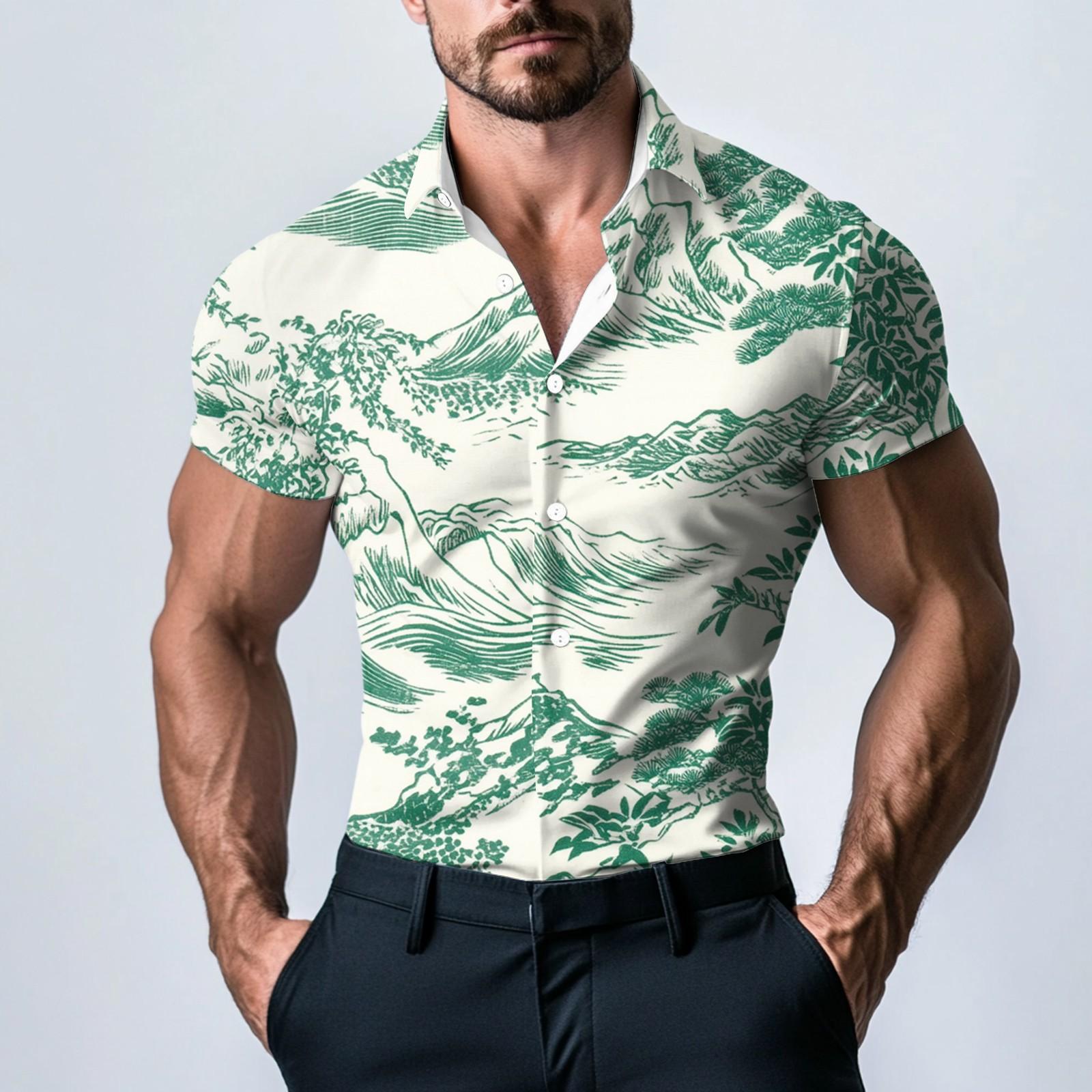 

Мужская модная атласная рубашка с коротким рукавом с принтом L белый