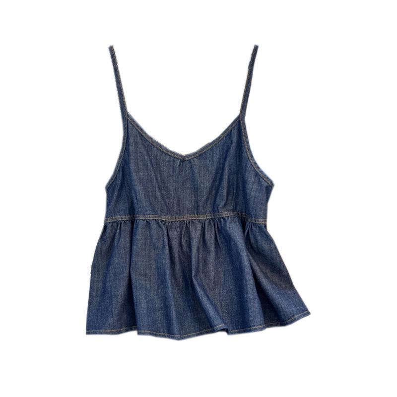 Ruffled Hem Ruched Denim Vest, Sleeveless V-Neck Camisole for Women
