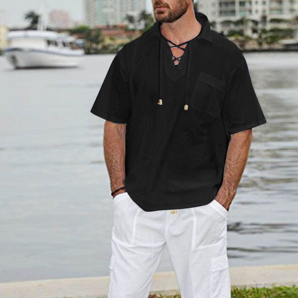 PURE COTTON Mens White Shirt 100% Cotton Casual Hippie Shirt V-Neck Drawstring Short Sleeve Beach Yoga Top PURE COTTON Mens White Shirt 100% Cotton Casual Hippie Shirt V-Neck Drawstring Short Sleeve Beach Yoga Top
