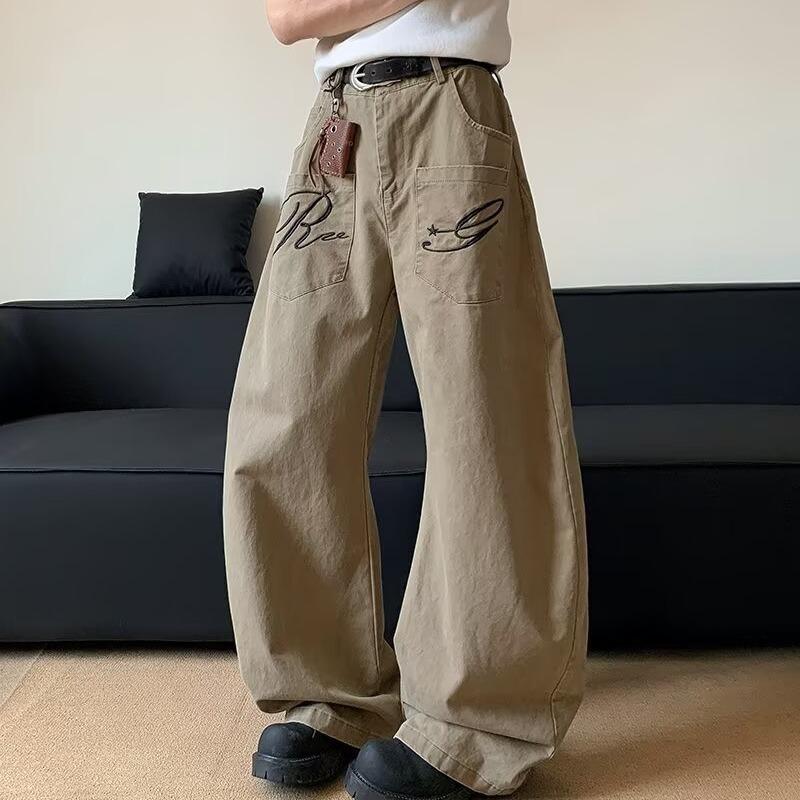 Men's Mid Rise Washed Cat Whisker Barrel Jeans Loose Wide Leg Denim Pants American Vintage High Street Y2K Casual Four Seasons Long Trousers