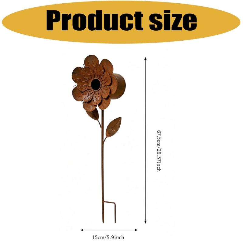Iron Flower Garden Stake with Brown Finish, Raised Flower Head, Leaf Shape, and Long Stem for Direct Placement In Soil, Lawns, and Outdoor Plantings