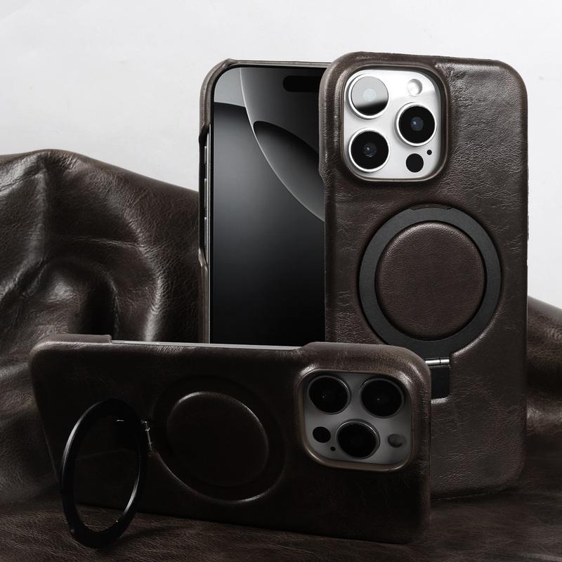 Foldable Bracket Stand Genuine Leather Phone Case For Iphone 16 Pro Max Iphone17 15 14 13 12 11 Kickstand Protective Back Shell
