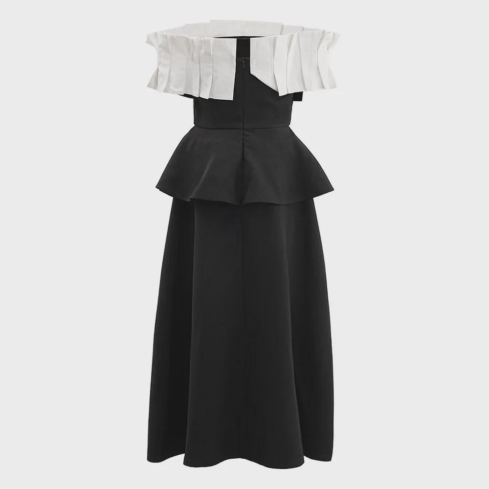 Vietnamese High-End Black and White One-Shoulder A-Line Dress with Elegant Design