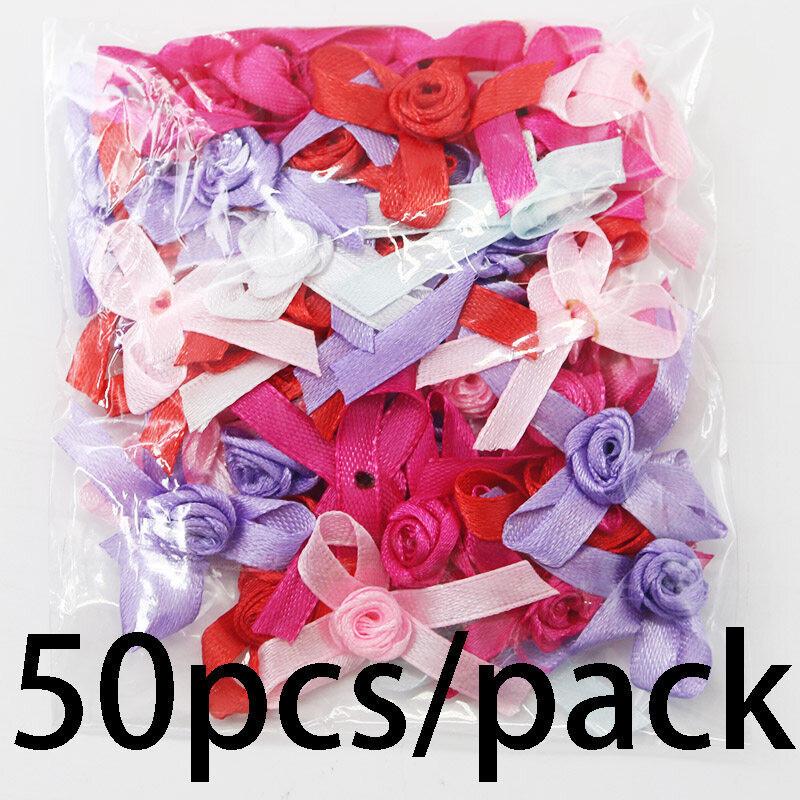 (50pcs/bag) 3.5*4cm Rose Polyester Handmade Single Face Stain Bows for Christmas Gift Wrap Solid Color Hair Accessory Bows