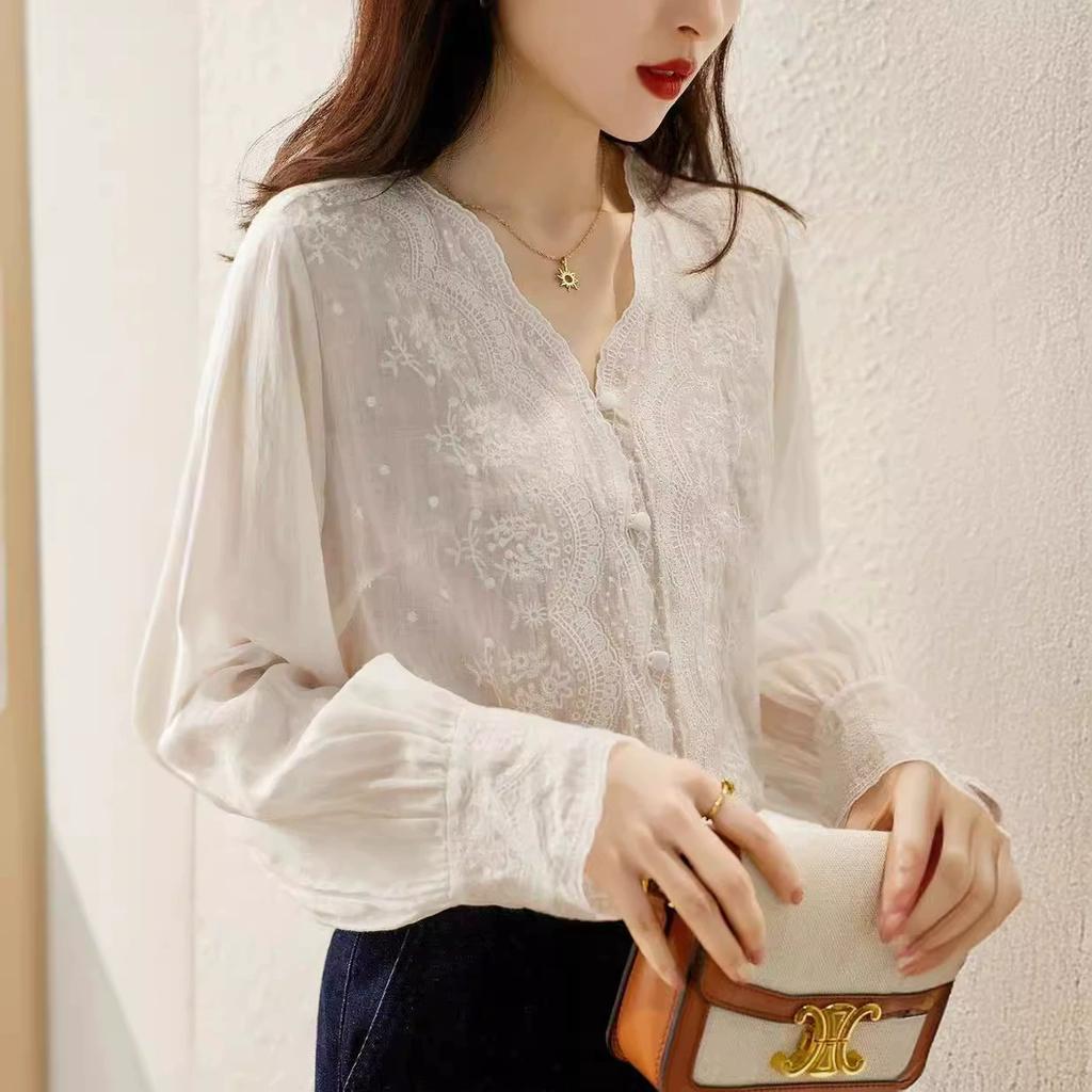 Embroidery Flower Lace Women's Embossed Embroidered Refreshing Ramie Shirt Long Sleeves