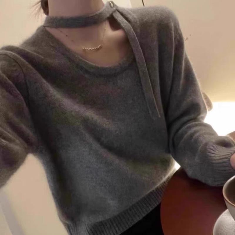 Round Neck Women's Sexy Loose Wool Knit Halter Top with Ribbon Design