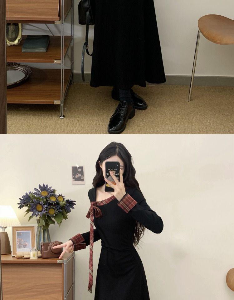 French Hepburn Style Little Black Dress - Bow Long Sleeve, Tummy Concealing, Slimming Mid-Length Ladies' Dress for Spring 2026.