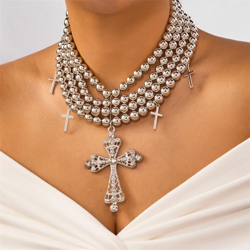 Ожерелье с подвеской-крестом для женщин Элегантный сплав Геометрический дизайн С кристаллами Осень 2025 белый