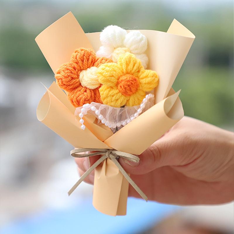 Puffs Crochet Flowers Pearl Mesh Packaging Artificial Flower Bouquets Hand Woven Flower