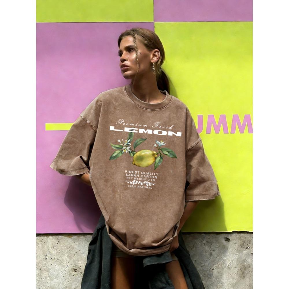 

Premium Fresh Finest Quality Lemon Print Woman Washed T-Shirts Y2K Cotton T-Shirt Casual Short Sleeve Loose Clothes S