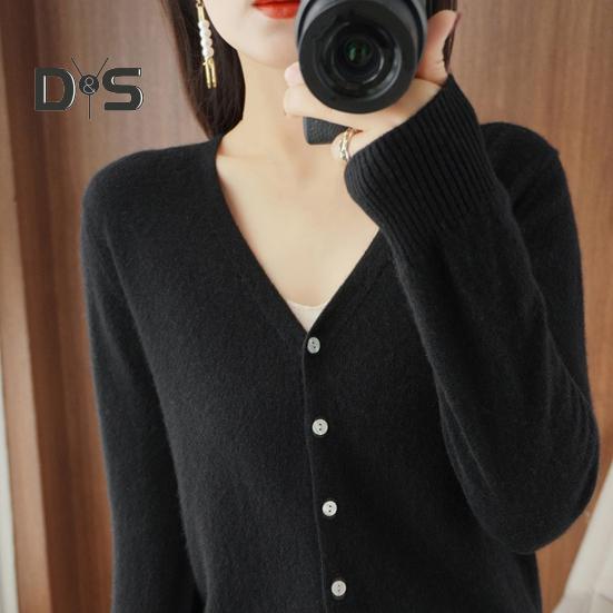 Spring Summer Knitting Cardigan V-Neck Long Sleeve Ribbed Cuffs Sweater Solid Color Single Breasted Stretchy Knitwear