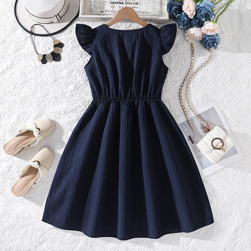 Girls' Fashionable Navy Blue Dress: Spring/Summer Children's Princess Dress with Flowy Sleeves and Ruffles