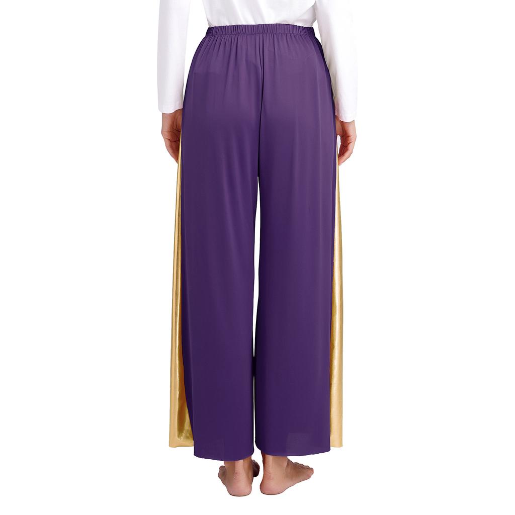 Womens Liturgical Dance Pants Metallic High Waist Elastic Waistband Wide Leg Loose Performance Trousers