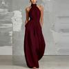 Women's Halter Sleeveless Wide Leg Jumpsuit Loose Fit High Waist Solid Color Tie Waist Pleated Long Jumpsuit