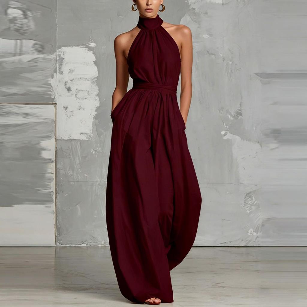 Women's Halter Sleeveless Wide Leg Jumpsuit Loose Fit High Waist Solid Color Tie Waist Pleated Long Jumpsuit