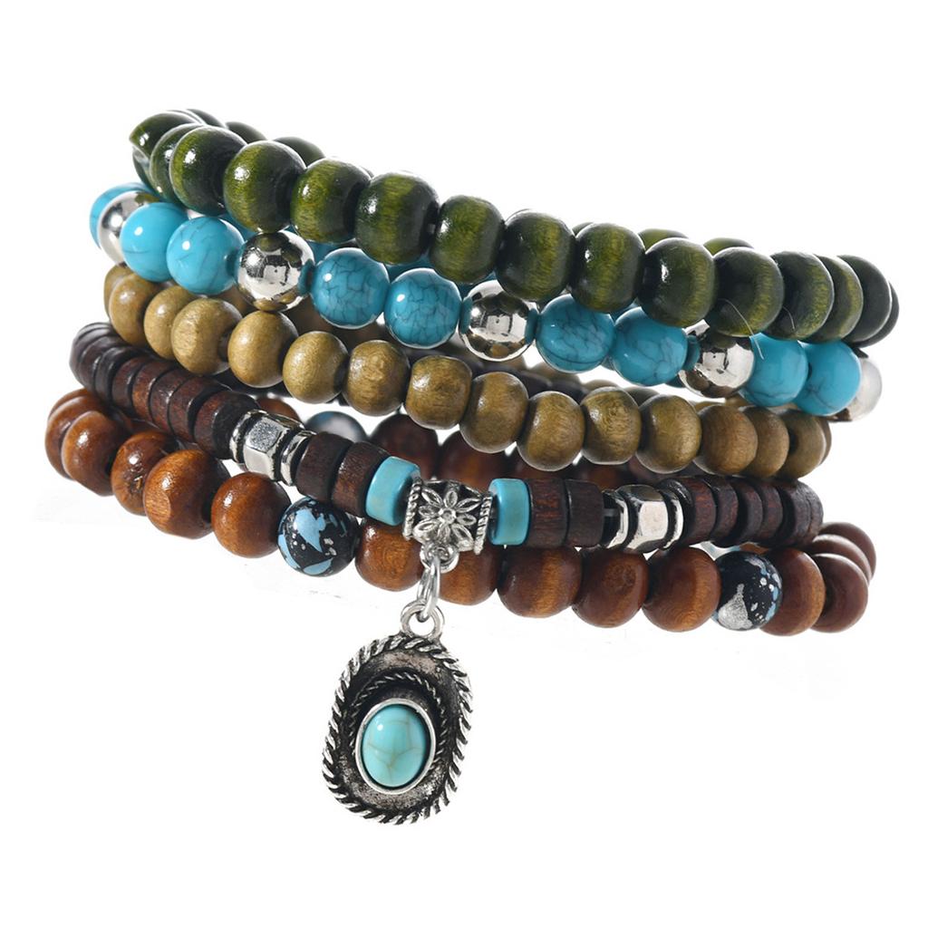 Lightweight Wooden Bead And Turquoise Handmade Bracelet For Casual Wear Bohemian Accessory for Women Girls