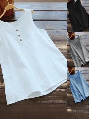 Großformat Damen Ärmellose Baumwoll-Leinen Retro Rundhals Weste
