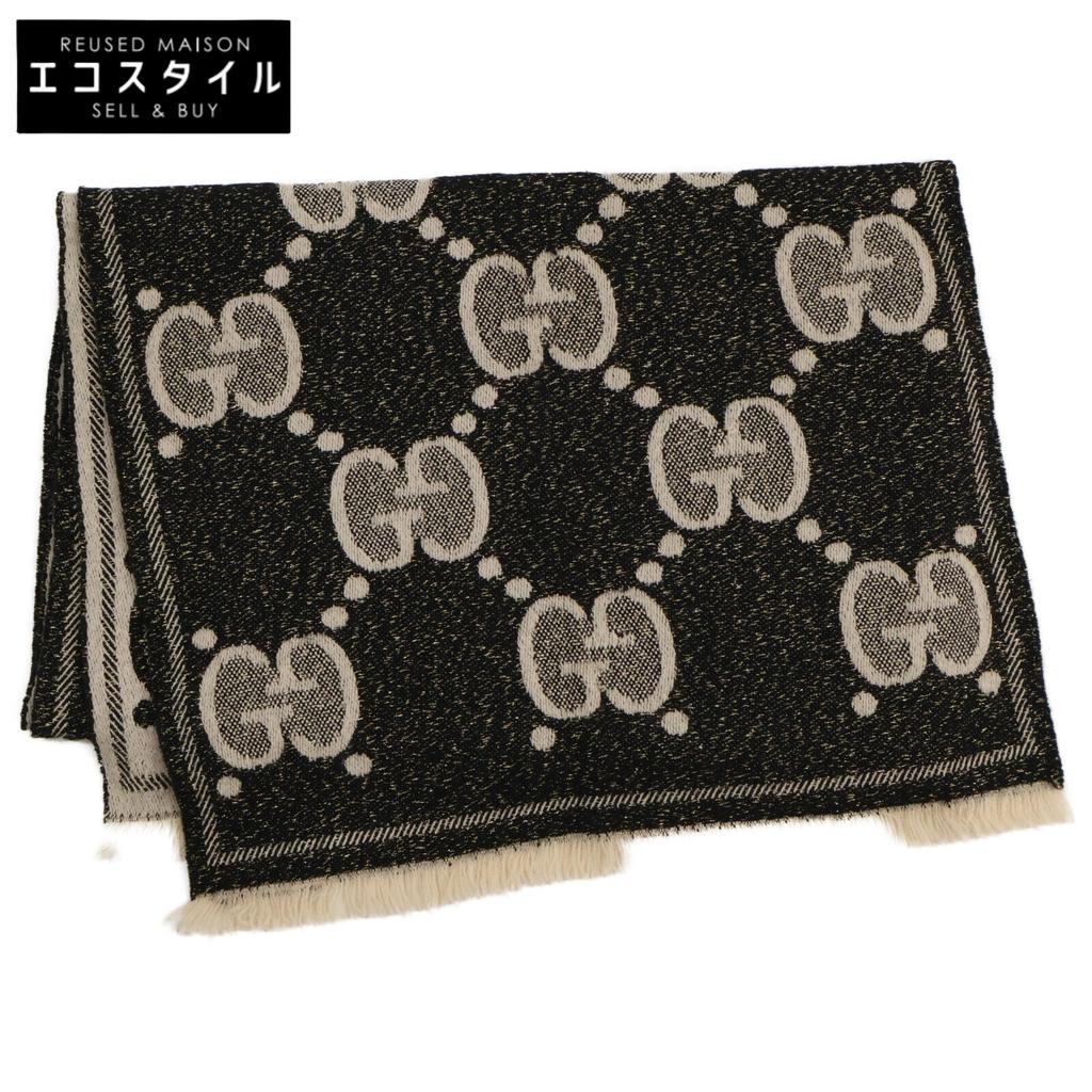 GUCCI 598993 GG glitter jacquard Scarf Black/Ivory/GoldUsed