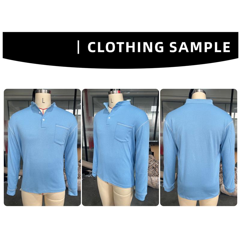 New Men's Waffle Long-sleeved Shirt with Patch-style Buttons, Henry Collar, Pocket-style Casual Outdoor Sports Men's Polo Shirt