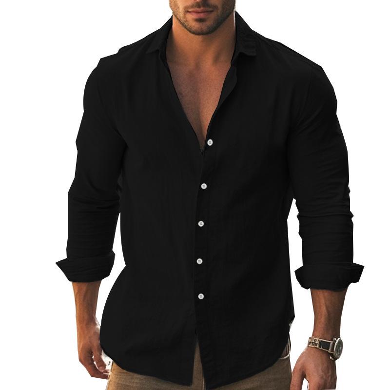 New Casual Solid-Colour Long-Sleeved Shirt Cotton Collared Button-Down Long-Sleeved Beach Shirt Top for Men