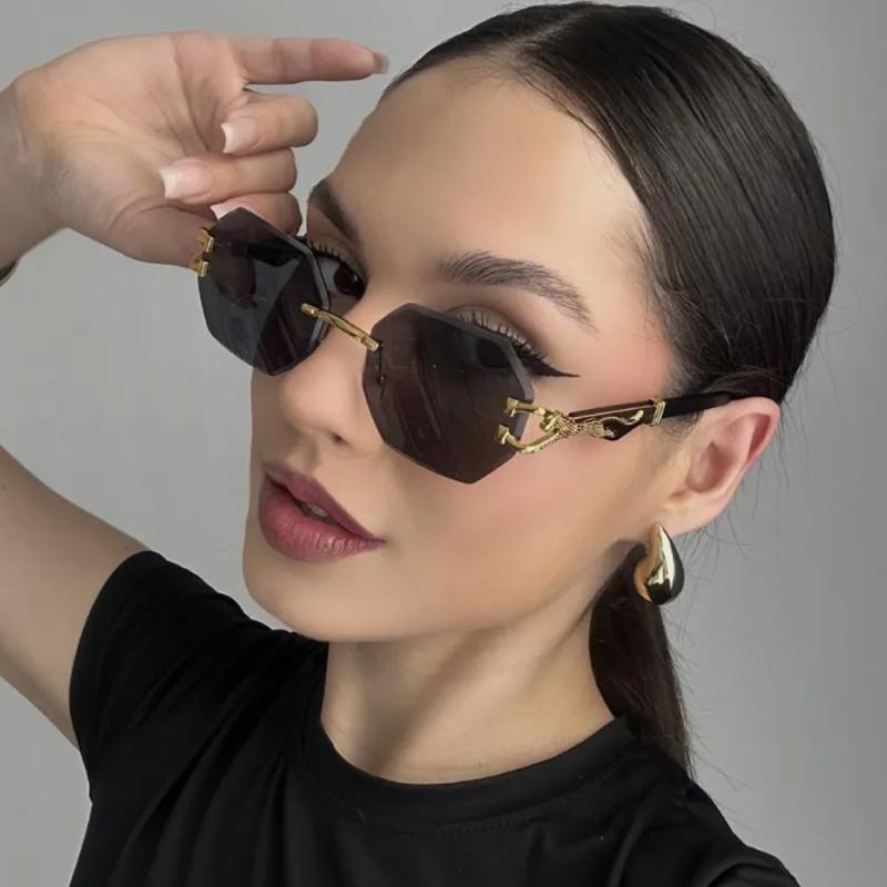 Protective Glasses 2pcs Rimless Polygon Women Sunglasses Leopard Decoration Wooden Leg Sun Glasses Gradient Design Eyewear UV400