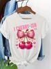 Unisexs Cherry Print Tshirt With Slogan Bowknot Design Sleeve Top Bow Sleeve Aesthetic Clothes