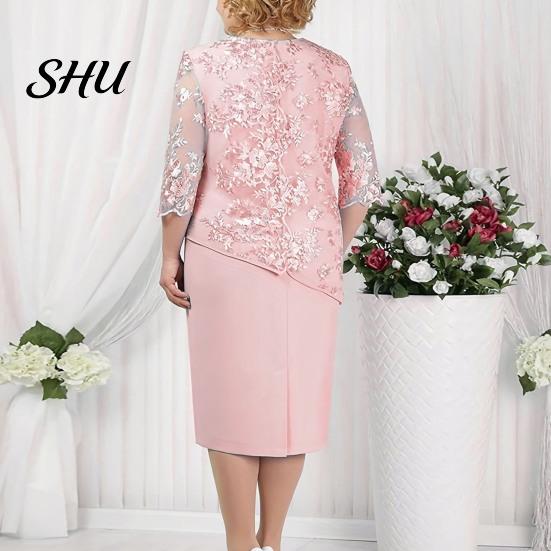 Abito con Maniche a Metà Donna Taglie Forti Ballo Scollo Tondo Manica a Metà Ricamo Pizzo Scollo Rotondo Patchwork Floreale Finto Due Pezzi Festa di Matrimonio Grande
