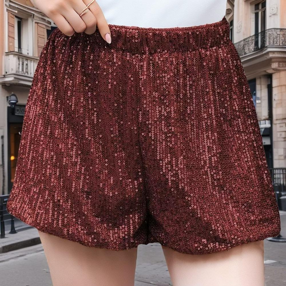 Shorts Femininos Sexy Tendência Retos Cintura Alta Cor Sólida Casual Paetês 3/4