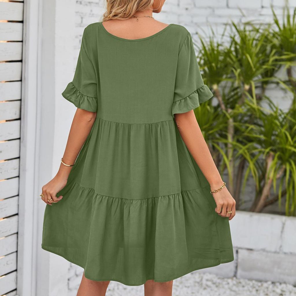 Women's Fashion Short-sleeved Summer Casual V-neck -layer Pleated Dress