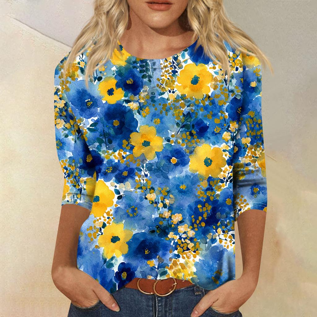 Damen Lässiges Rundhals-T-Shirt-Oberteil mit Dreiviertelärm und Blumendruck für Frühling und Sommer Entspannte Passform Bequemer Stil