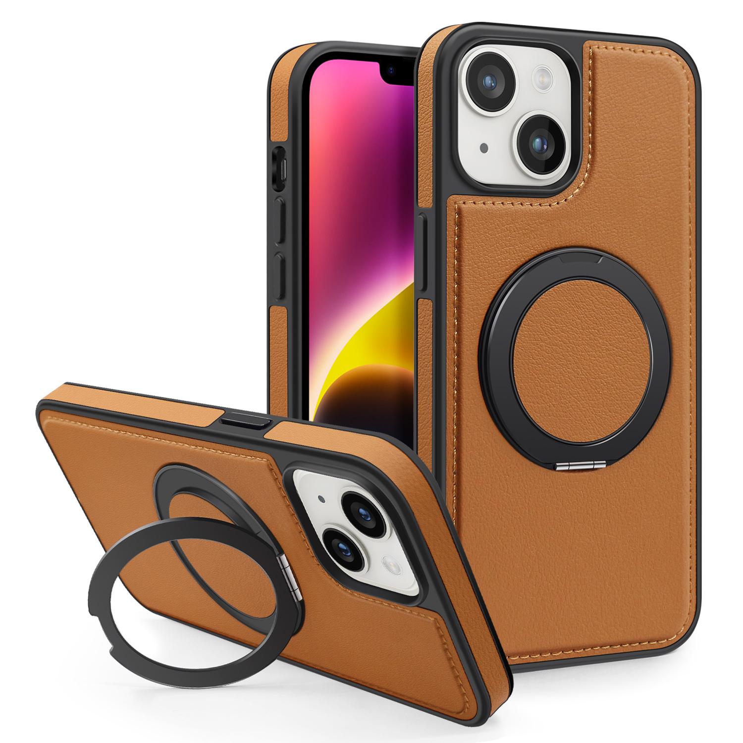 

For iPhone 14 Plus Case with Ring Kickstand Compatible with MagSafe PU Leather Back Cover Brown