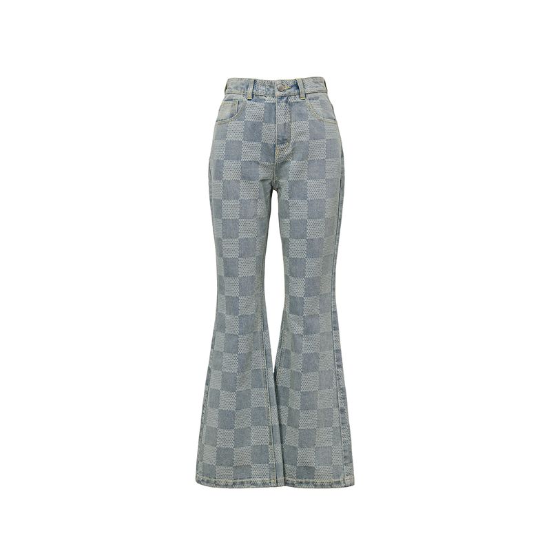 

Blacknini Yin Huafu Chessboard Plaid Wide-Leg Micro-Pull Denim Turkey Import Luxury Stone Washed Jacquard Water wash blue S