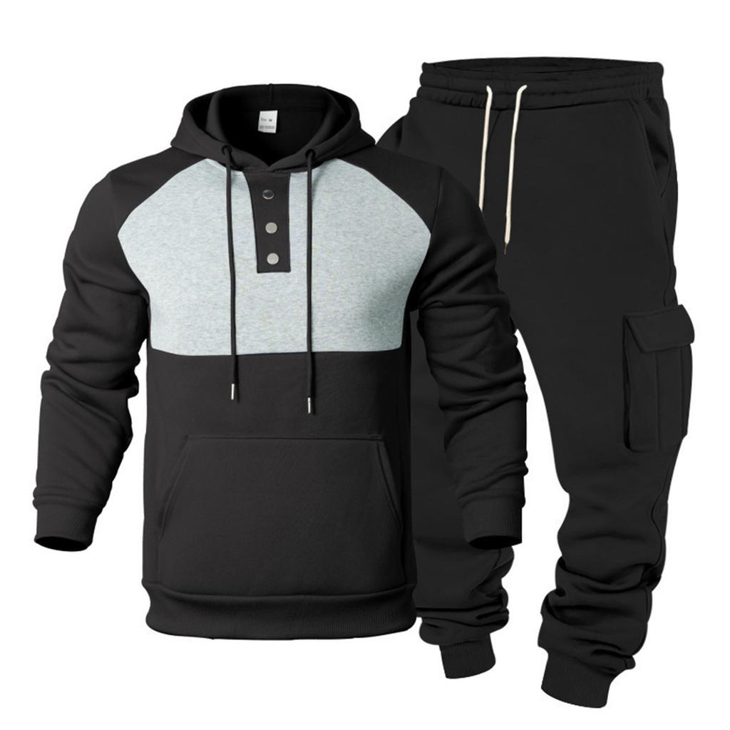Lässiger Sportanzug für Herren: Kapuzen-Sweatshirt mit Kordelzug, Knopfleiste und Farbblockdesign mit Jogger-Taschen