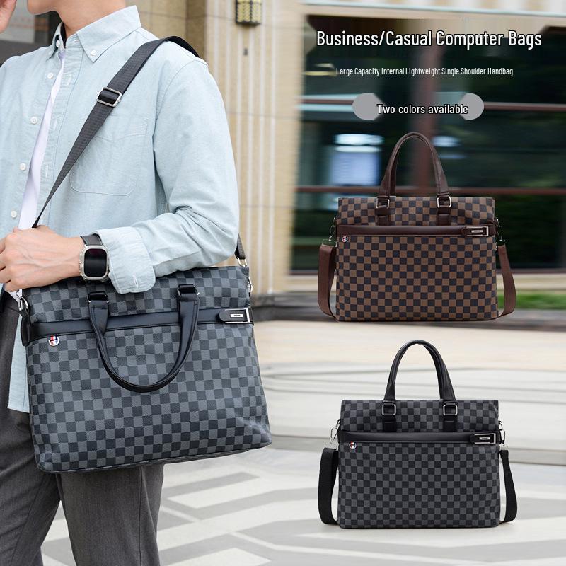 Men's Plaid Handbag: Business One-Shoulder Classic, 14-inch Laptop Briefcase