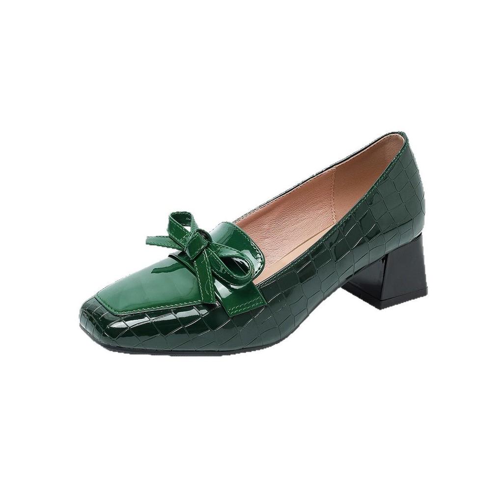 Women's European & American Patent Leather Square Toe High Heels with Bow, Mid-Cut, Chunky Heel, Plus Size 43