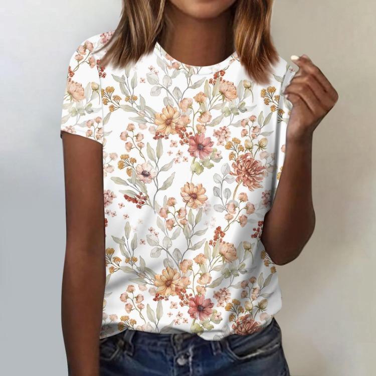 Summer Round Neck 3D Print Flower Pattern Top Fashionable Casual Short Sleeved Women's T-shirts