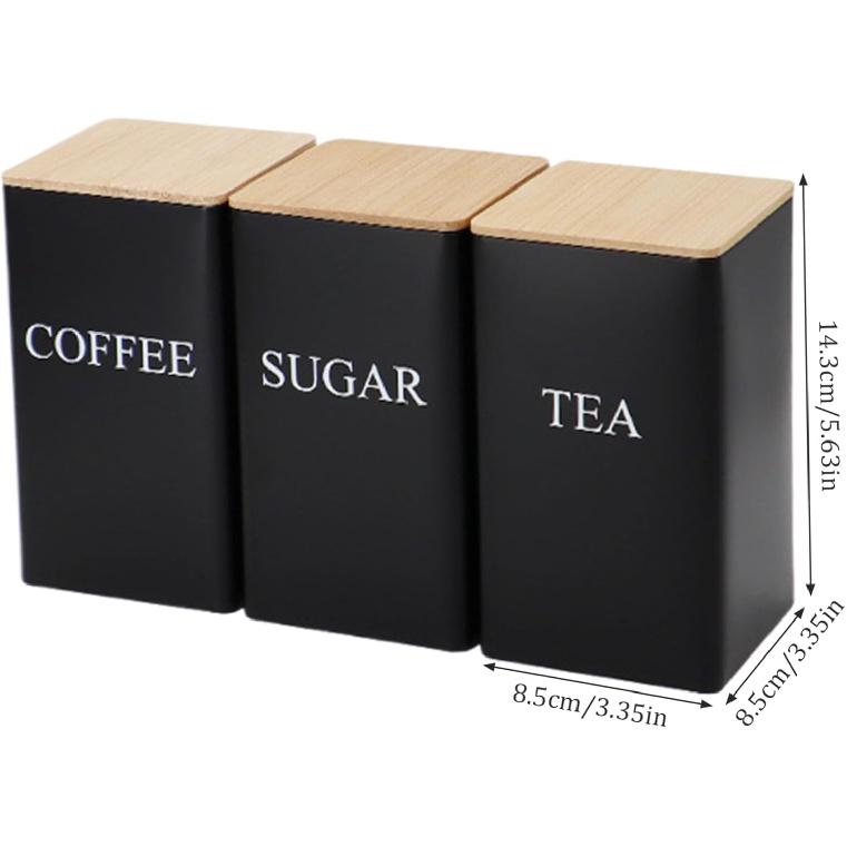 Sugar Container, Coffee Tea Sugar Container Set of 3 Iron Tea Coffee Sugar Canister Set with Bamboo Lid and Name Marker Simple Square Kitchen