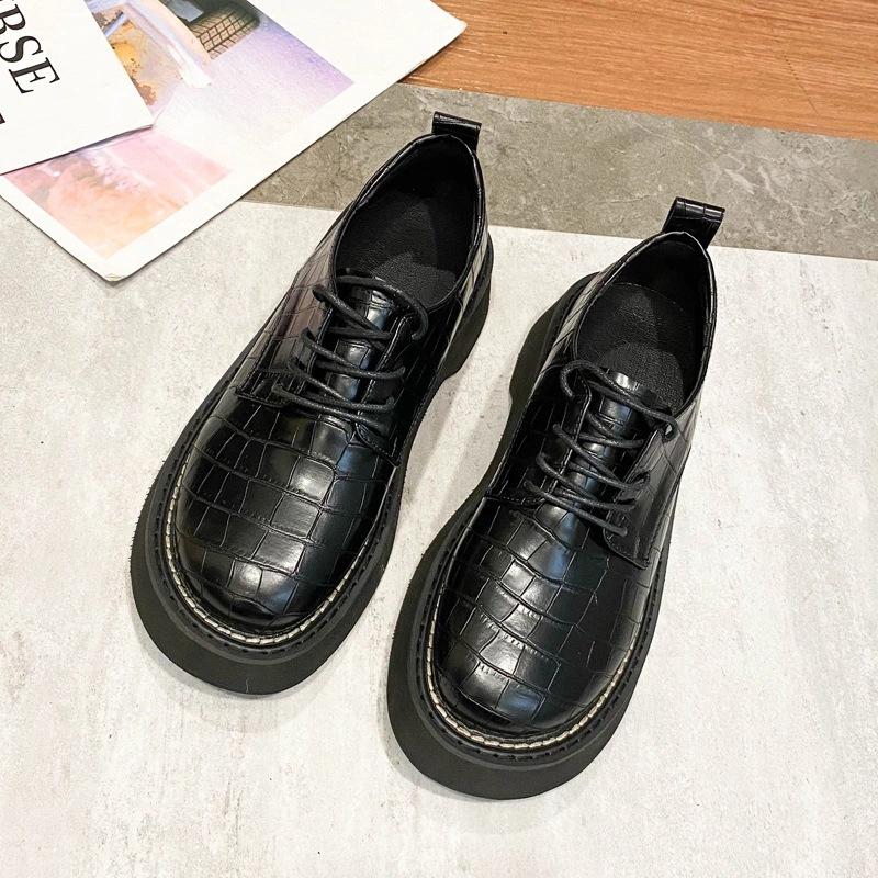 

Женские туфли-одиночки осень-зима новые круглый носок маффин толстая подошва плоский каблук шнуровка спереди повседневные низкие женские 39 чёрный