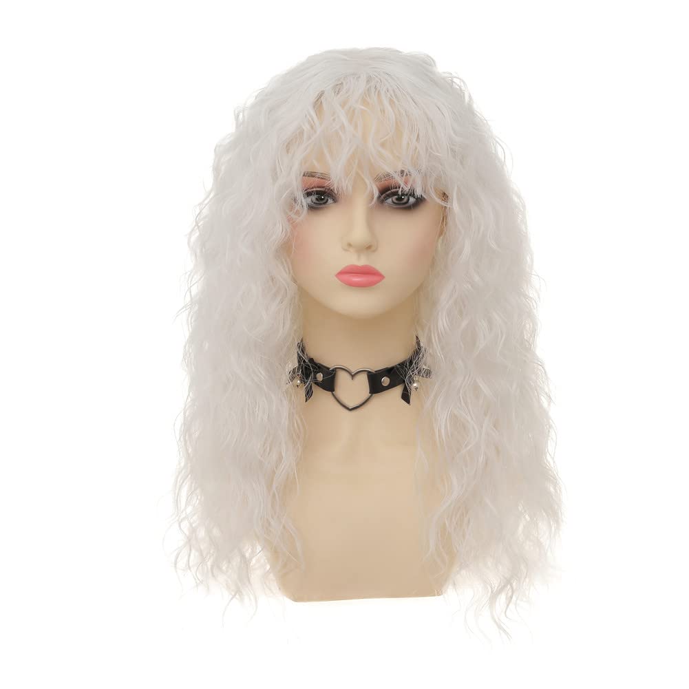 White Synthetic Wigs with Bangs for Women Long Curly Wavy Soft Cosplay Halloween Costume Anime Wig