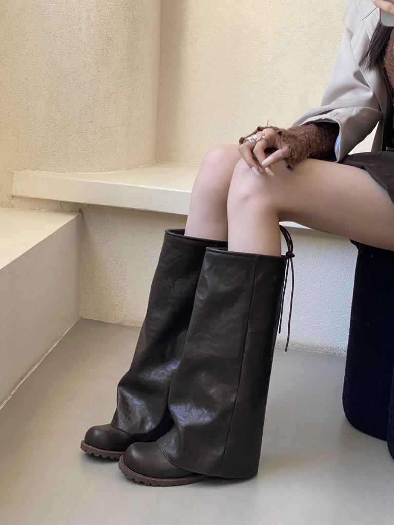 European and American Trouser Boots Women's 2025 Autumn and Winter New Maillard Retro Pleated Knight Boots Stacked Boots