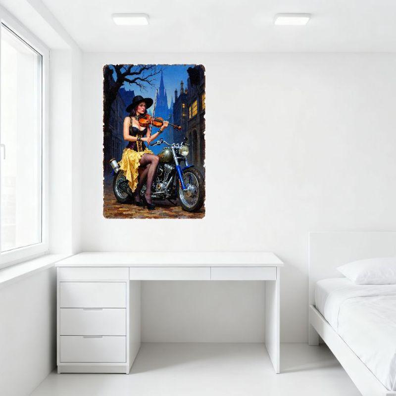 Vintage Woman Playing Violin on Blue Silver Motorcycle with Sidecar Tin Sign - Old City Street Twilight Sky Cathedral Home Wall
