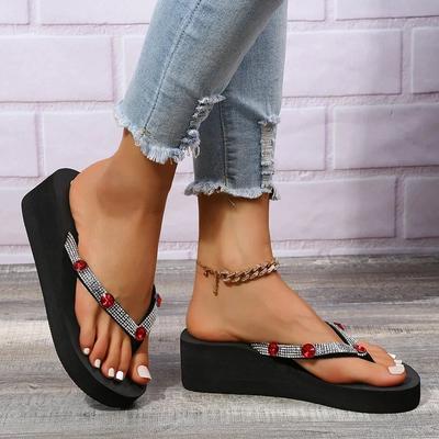Rhinestone Crystal Flip Flops Women Summer 2025 Beach Wedge Heels Clip Toe Sandals Shoes Woman Outdoor Light Slippers
